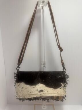 Myra Bag Cowhide Crossbody Purse Black White Western Boho Fringe Canvas